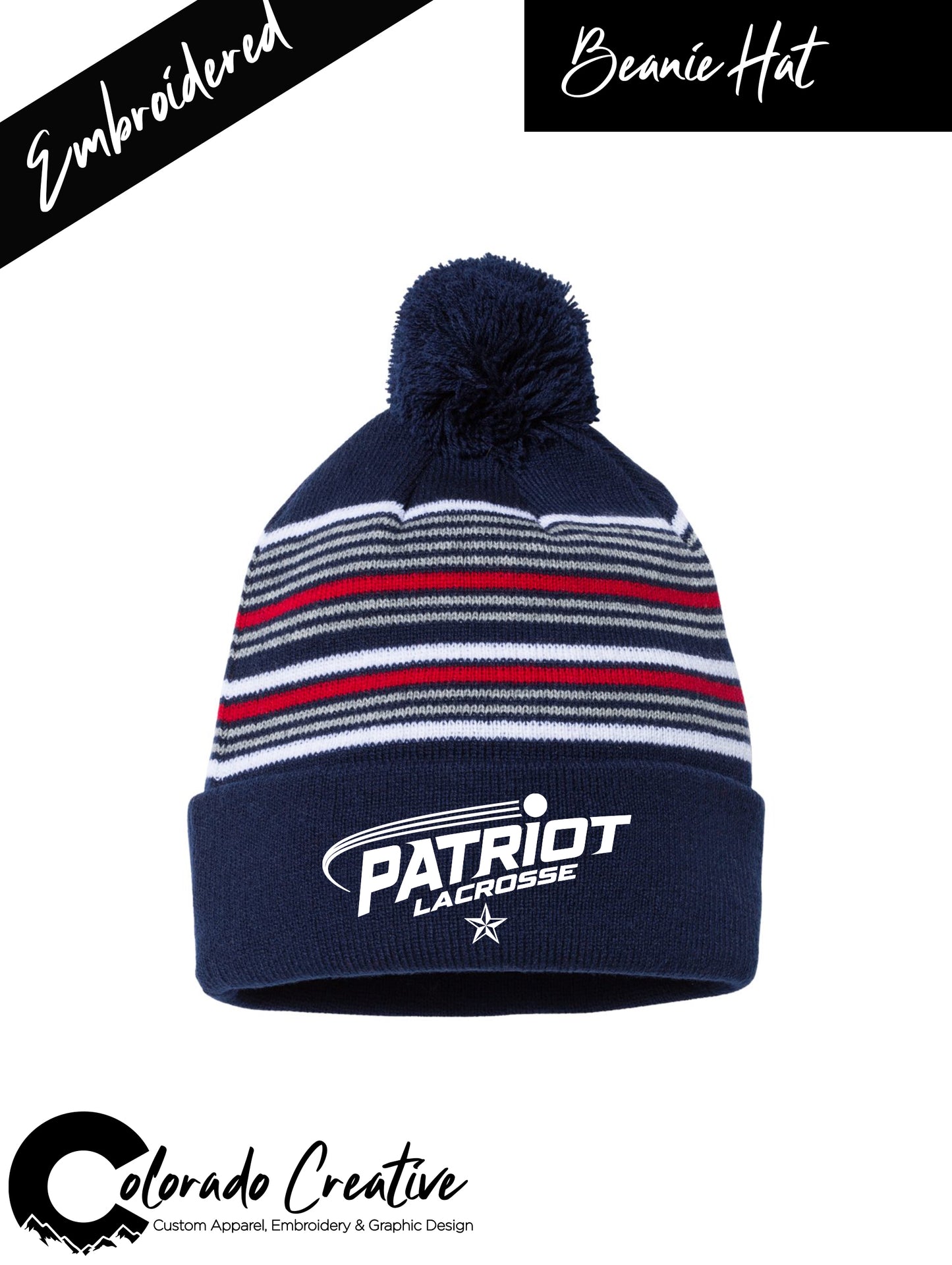 Patriots Swoosh on 12" Striped Pom Beanie
