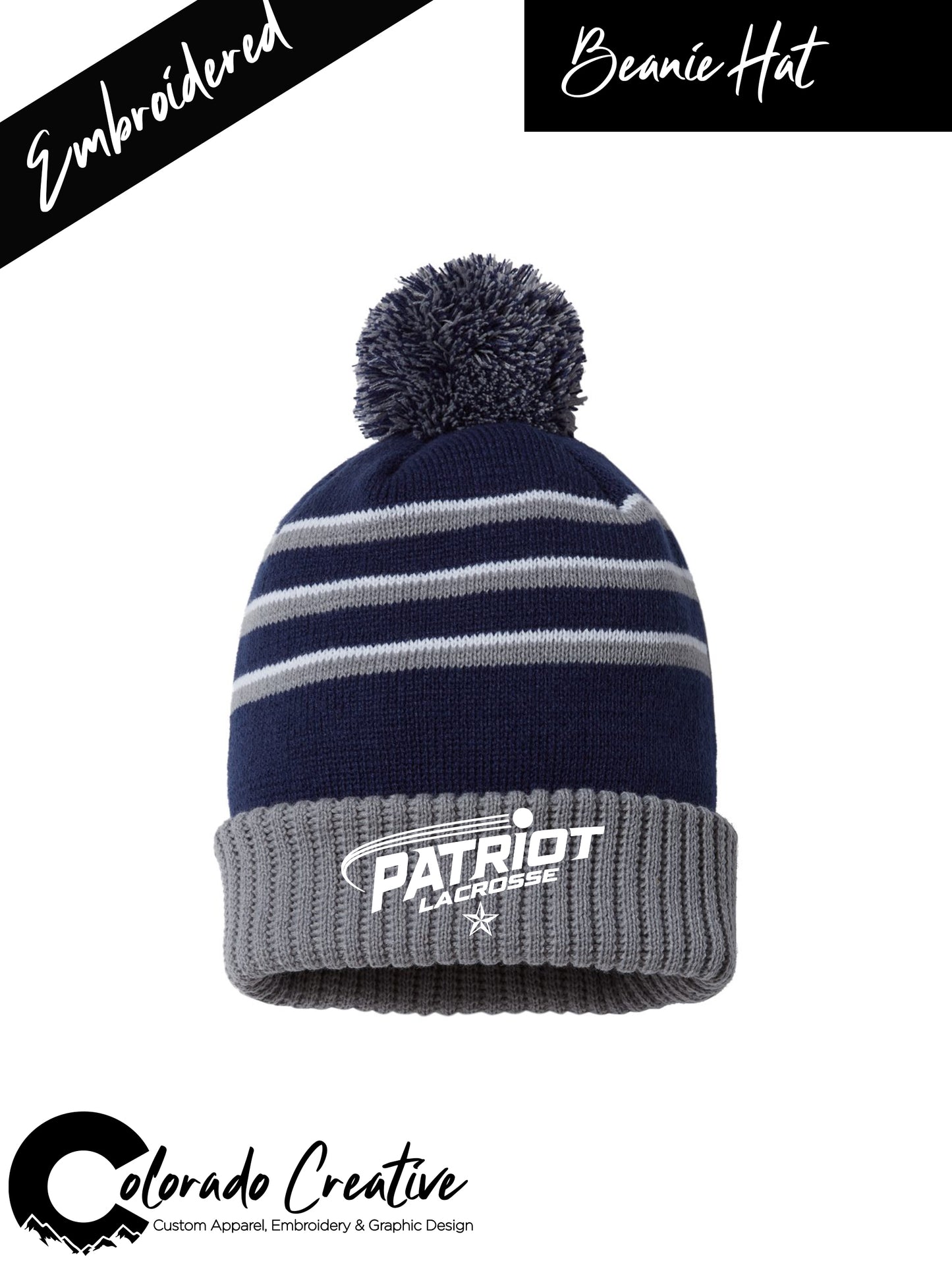 Patriots Swoosh on Stripe Pom Cuffed Beanie