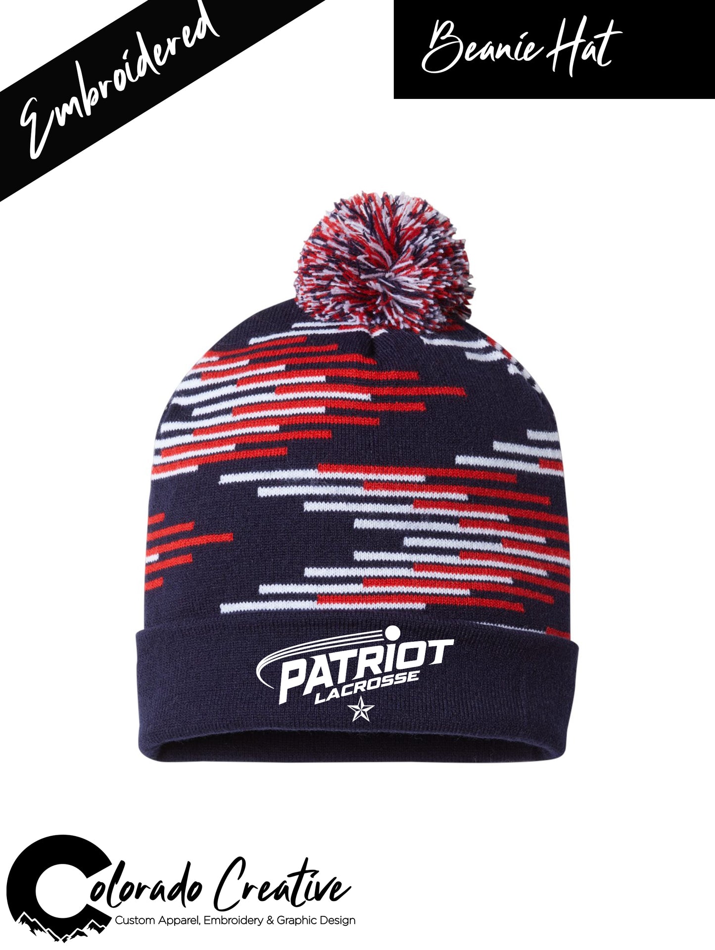 Patriots Swoosh on Bar Striped Pom Beanie